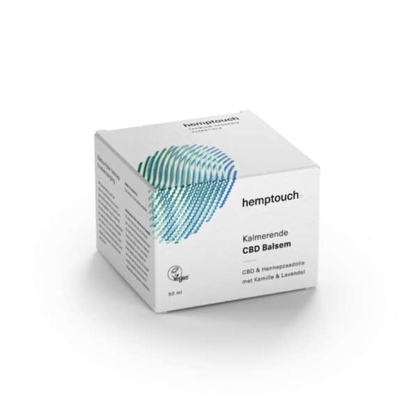Eine Schachtel Hemptouch Salbe mit CBD für irritierte Haut (50 ml/50 mg) auf weißem Hintergrund.
