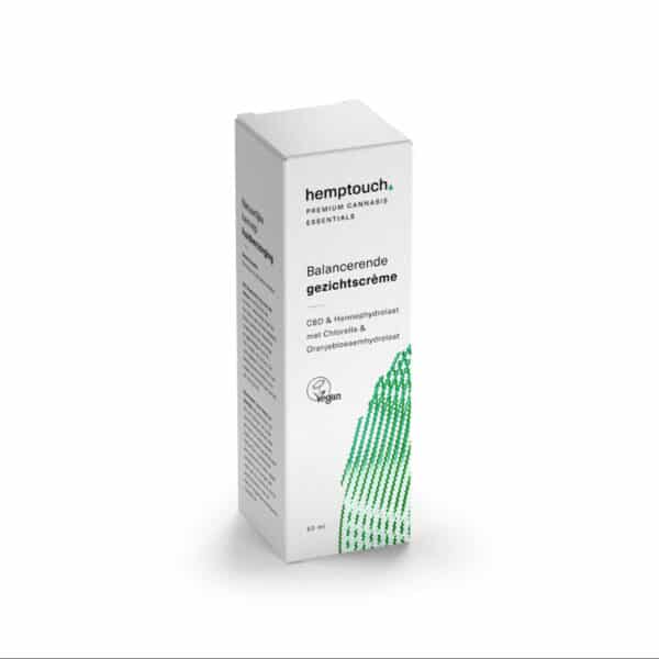 Eine Schachtel Hemptouch beruhigende Gesichtscreme mit CBD (50 ml/50 mg) auf weißem Hintergrund.