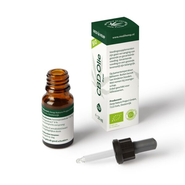 Eine Flasche Medihemp CBD Öl RAW 2,5 % (10 ml) neben einer Schachtel.