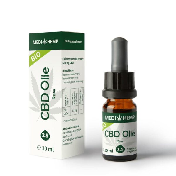 Medihemp CBD Öl RAW 2,5 % (10 ml) mit einer Box daneben.