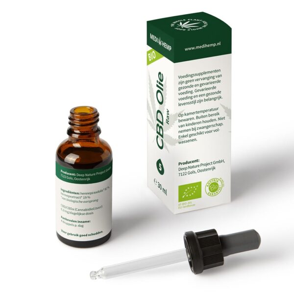 Eine Flasche Medihemp CBD Öl RAW 5 % (30 ml) neben einer Schachtel.