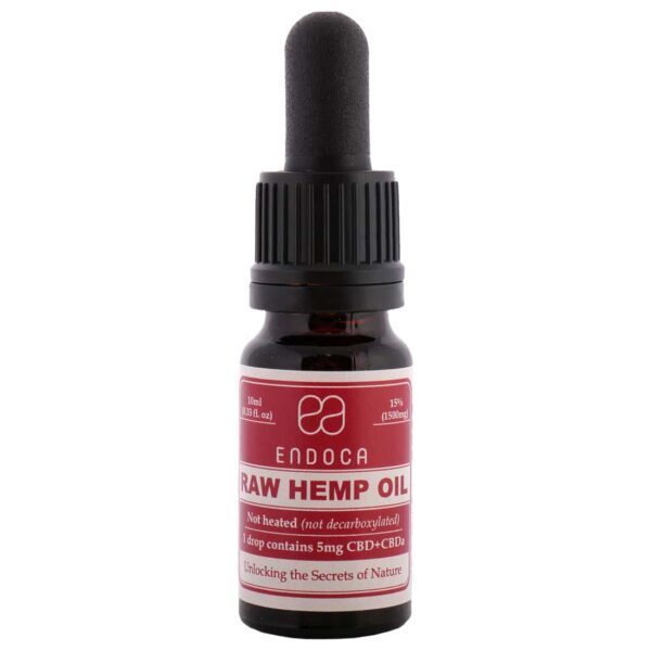 Eine Flasche Endoca CBD Öl 15 % (10 ml) mit Etikett.