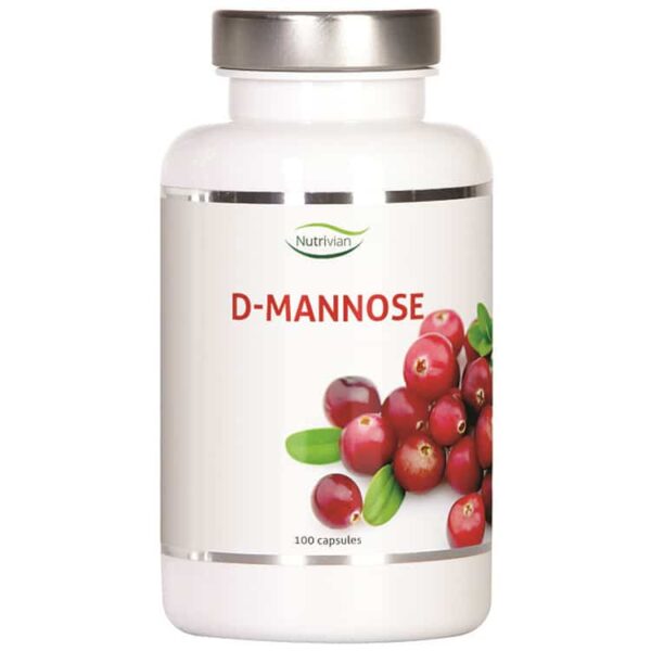 Eine Flasche Nutrivian D-Mannose 500 mg mit Preiselbeeren.