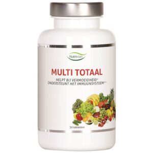 Eine Flasche Nutrivian Multi Total (60 Stück) mit Obst und Gemüse.