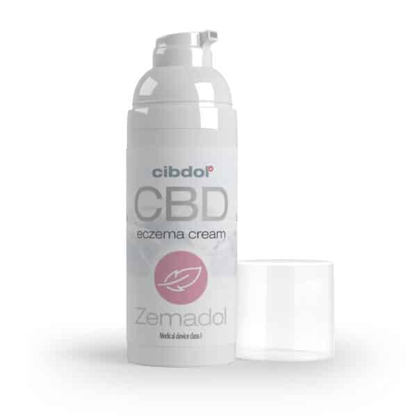 Eine Flasche Zemadol, pflegende CBD-Creme mit weißem Hintergrund.